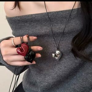 Heart Pendant Necklace Set - Black, Silver, Red